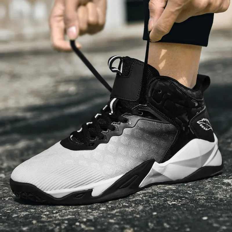 Men's mid-top gradient mesh breathable sneakers black white rubber sole front tie