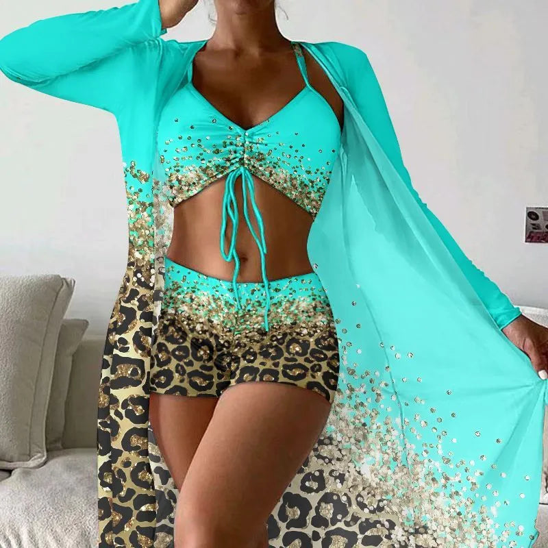 Women's casual split print swimsuit set in polyester high waist sleeveless two piece lake blue