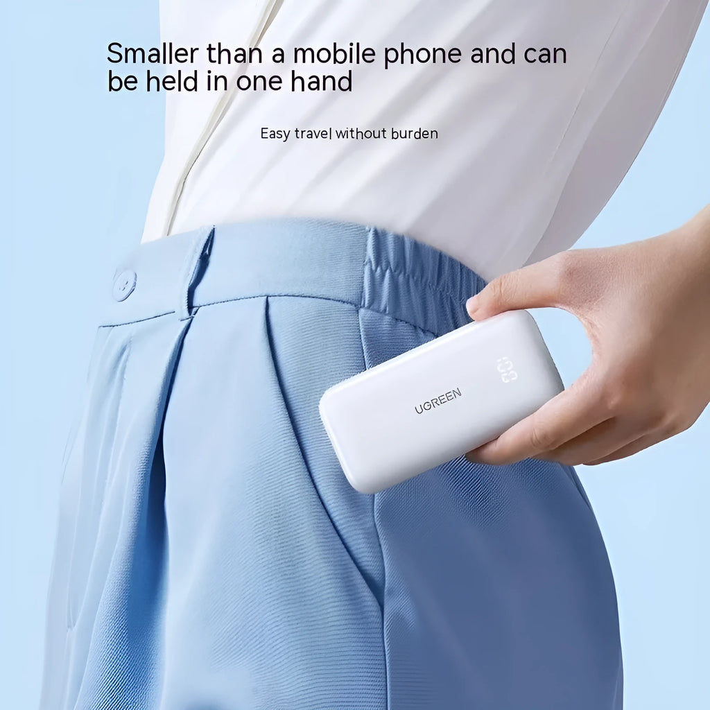 30W Fast Charge 10000 mAh power bank in Cloud White with plastic shell, showing USB-C and USB-A ports, compact size