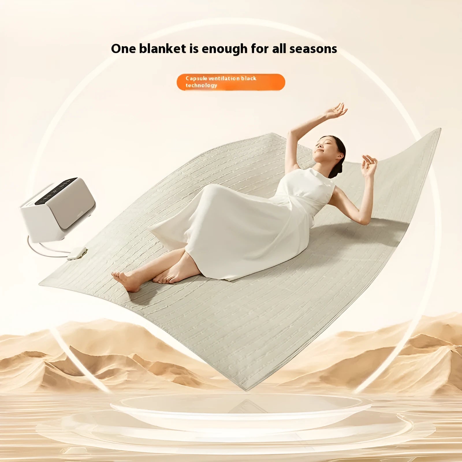 Aideng white electric water blanket with smart host unit shown on bed