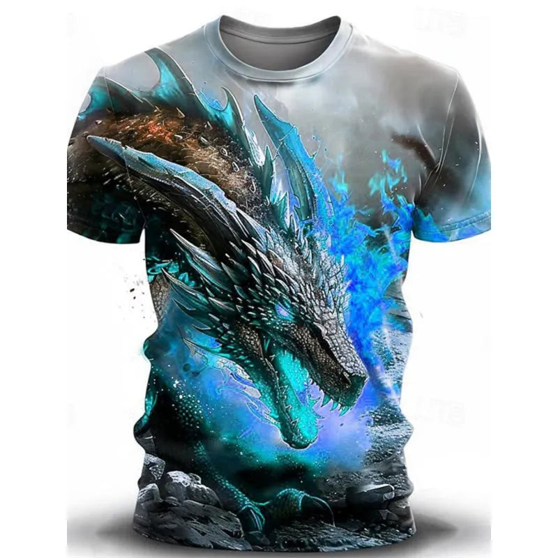 Man wearing a grey T-shirt with a detailed blue and black 3D wind dragon print across the chest.