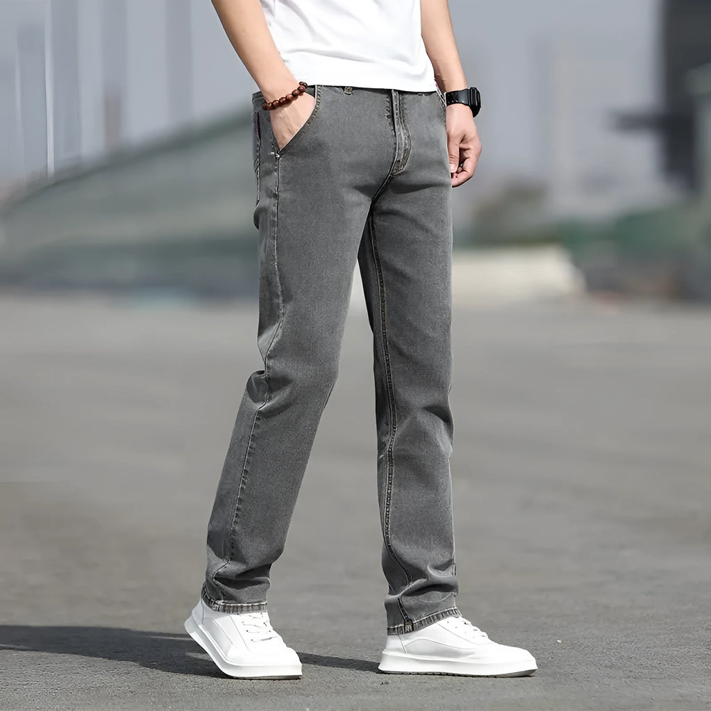 Men's smoky gray jeans with straight-leg cut and low-waist design