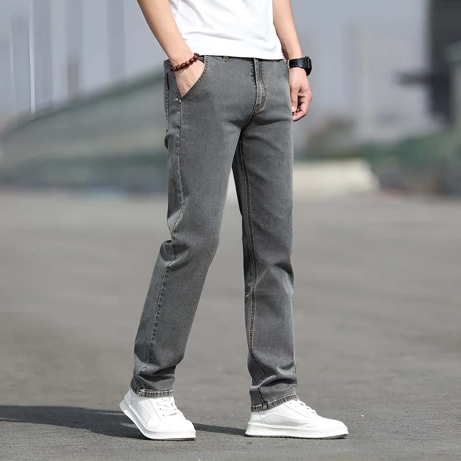 Men's smoky gray jeans with straight-leg cut and low-waist design