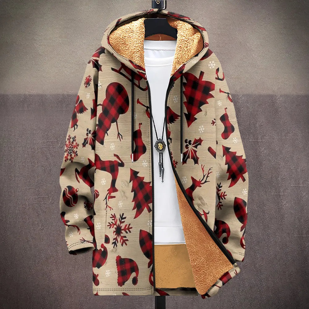 Man wearing a multicolour digitally printed hooded cardigan with a front zipper in a loose fit.