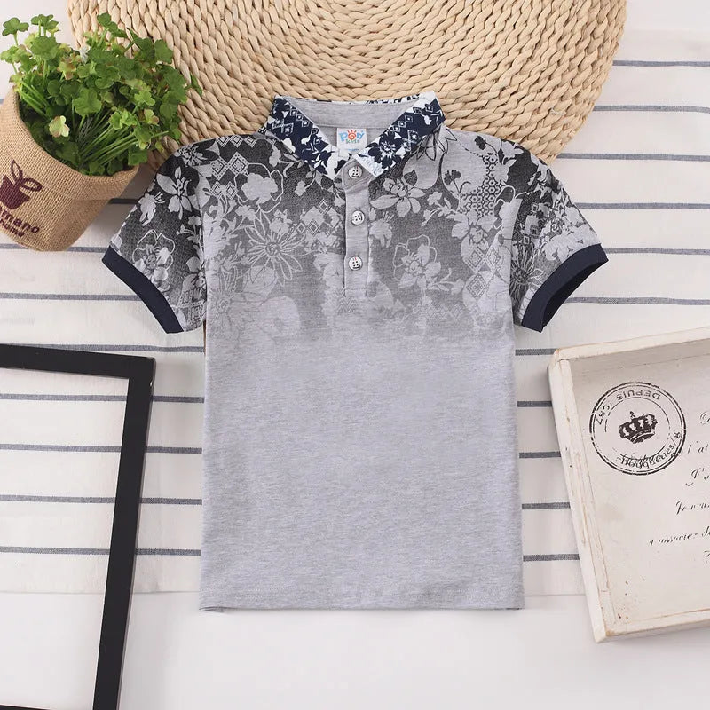 Boys short sleeve cotton polo shirt with lapel collar in grey, navy, red or white colours