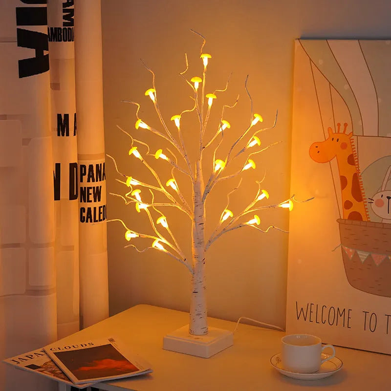 60cm tall white birch tree LED lamp with 24 small removable mushroom lights