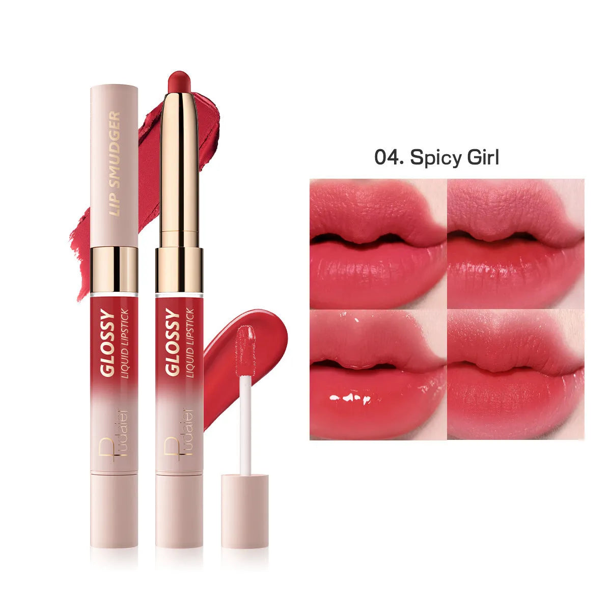 Double-headed lipstick and lip gloss product showing matte and glossy ends in one of ten available colours.