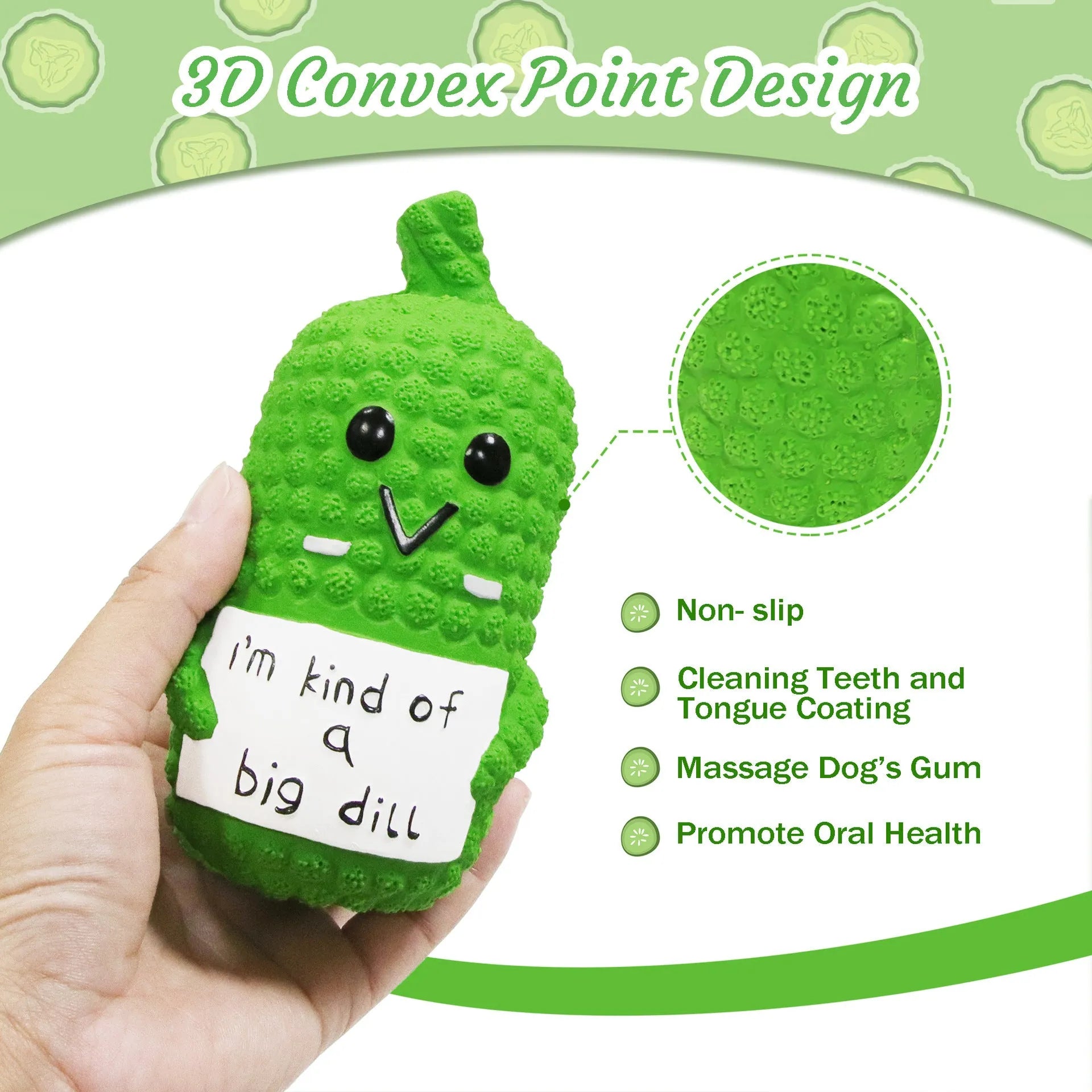 Green latex pickle-shaped dog squeaky toy with bumpy texture.