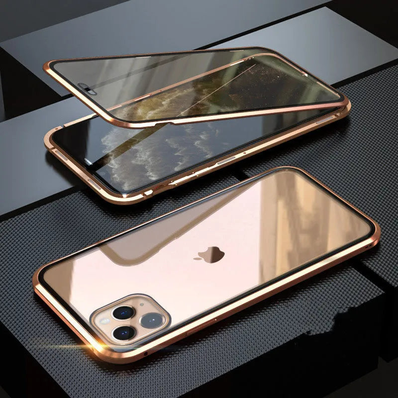 Solid colour glass anti-spy clamshell phone case for iPhone, shown in geometric design.