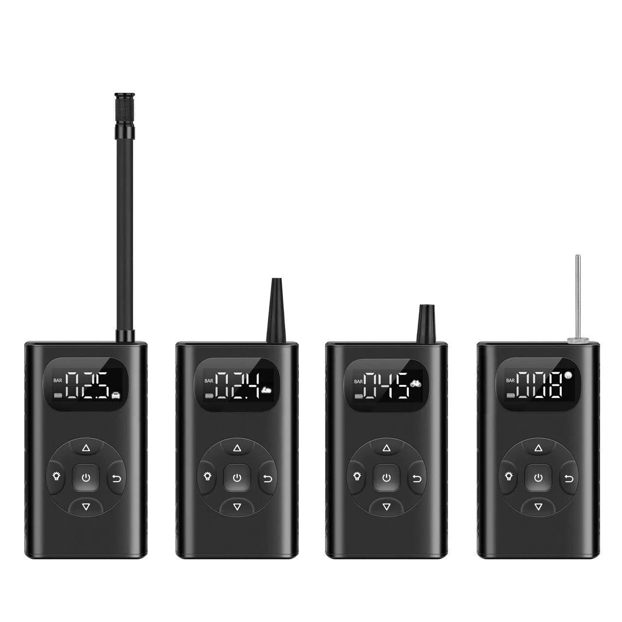 Black cuboid portable power bank tyre inflator with USB cable and extended inflation tube