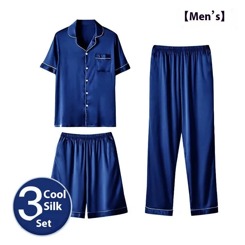 Men's ice silk three-piece home wear set in thin fabric showing top, shorts, and trousers.