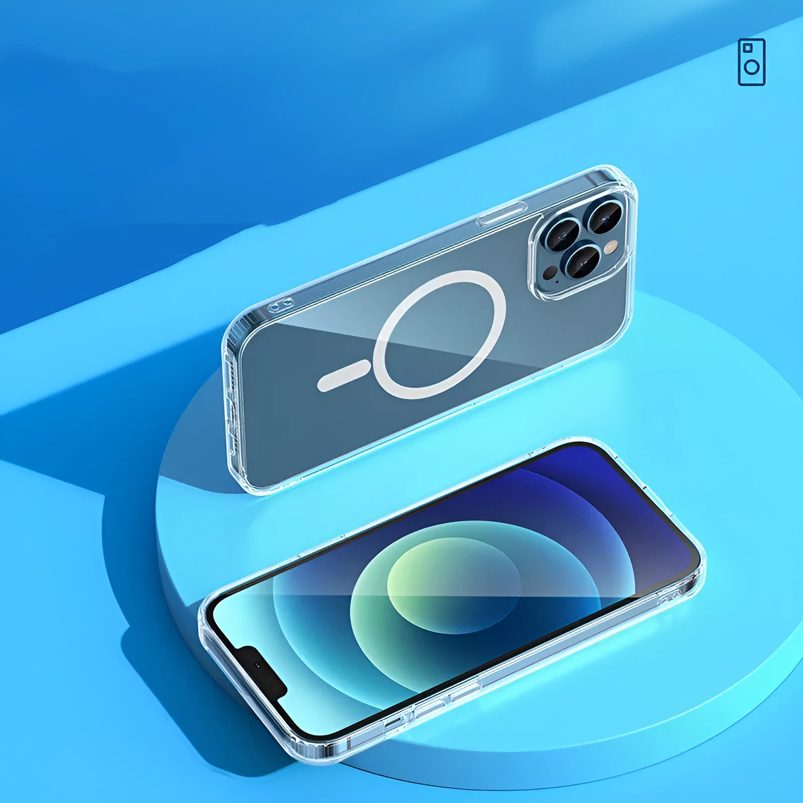 Transparent MagSafe magnetic protective case for Apple iPhone 13 smartphone.