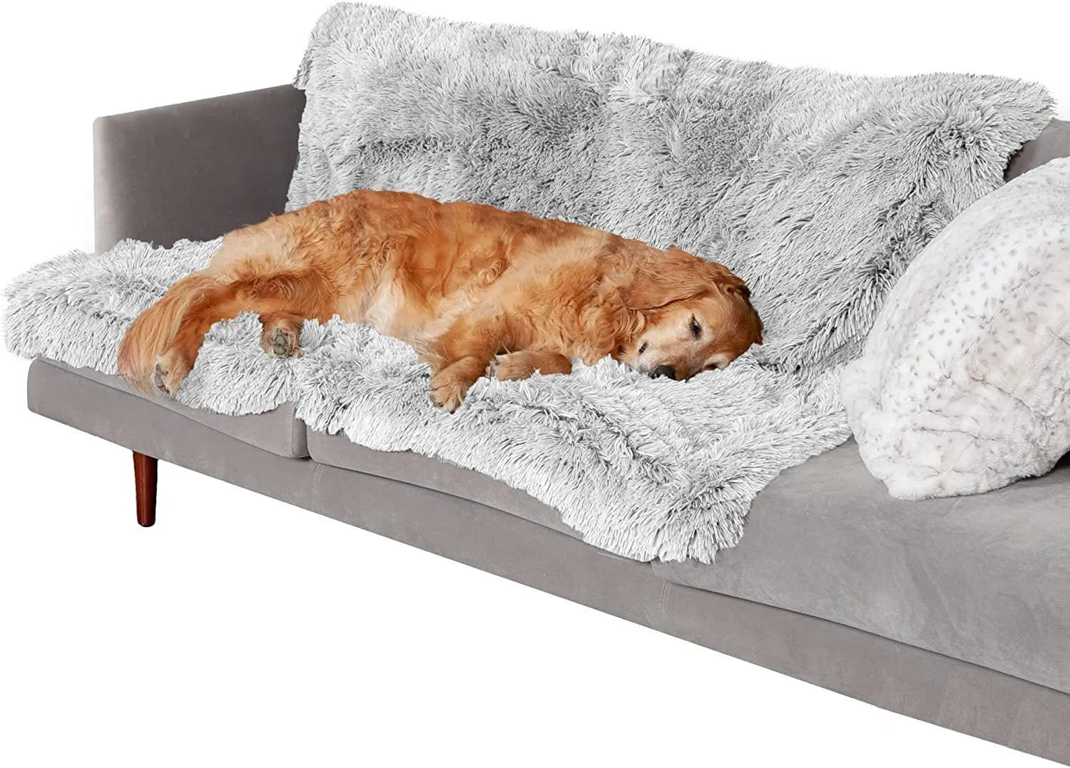 Plush waterproof double layer thickening dog cushion in dark grey colour showing size comparison