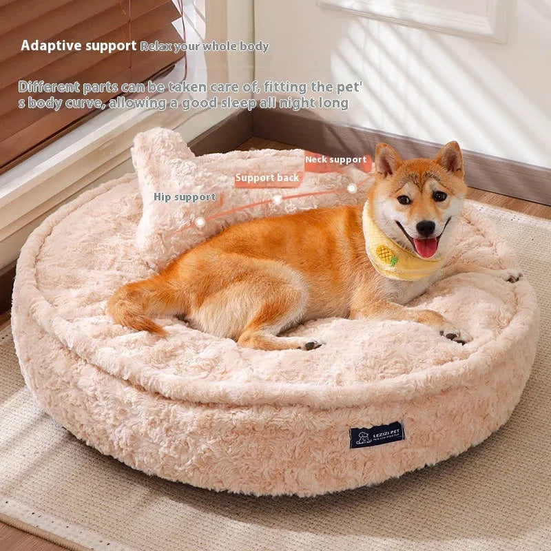 Small milk tea coloured fabric dog kennel with a round nest design on a wooden floor.