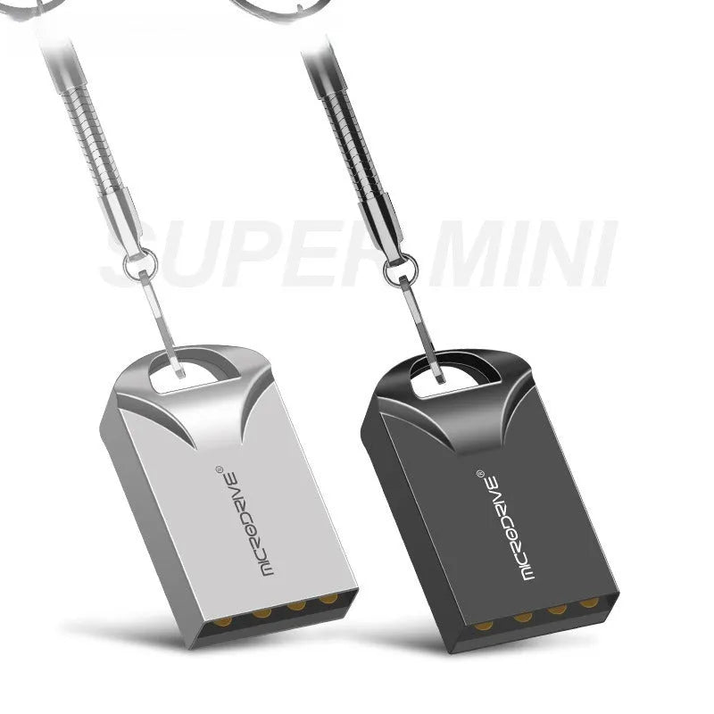 Mini black and silver metal USB flash drive showing compact size and USB connector.