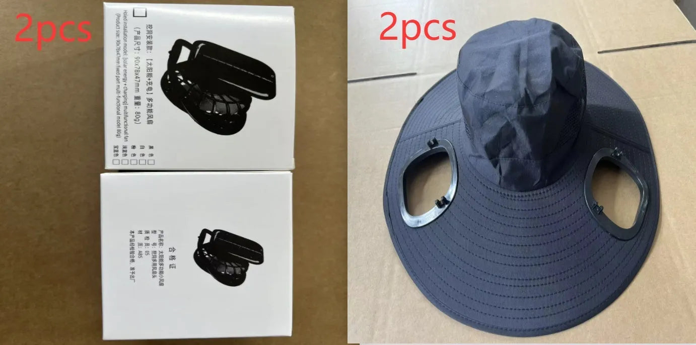 Men's grey solar fan cooling cap with wide brim and built-in ventilation fan