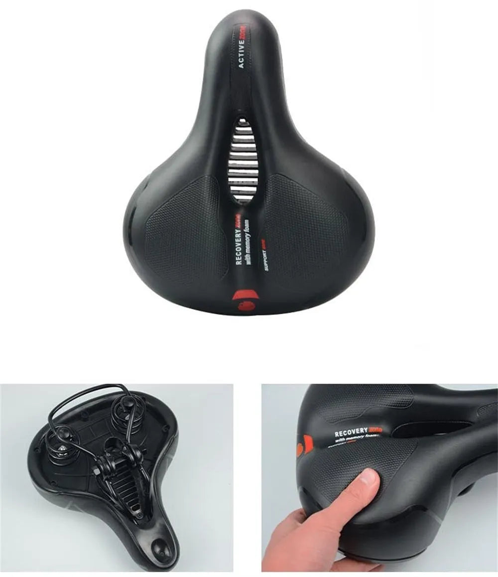 Soft silicone bicycle saddle cushion with waterproof cover, wrench, and tyre patch kit.