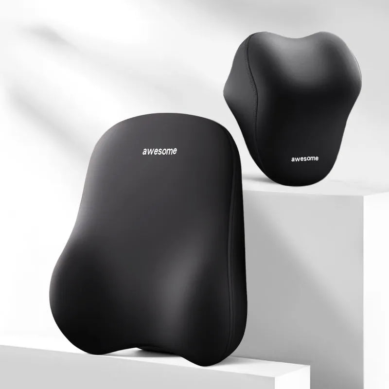 High-grade automotive headrest lumbar support pillow set in memory foam with polyester cover, Y-black colour option on a car seat