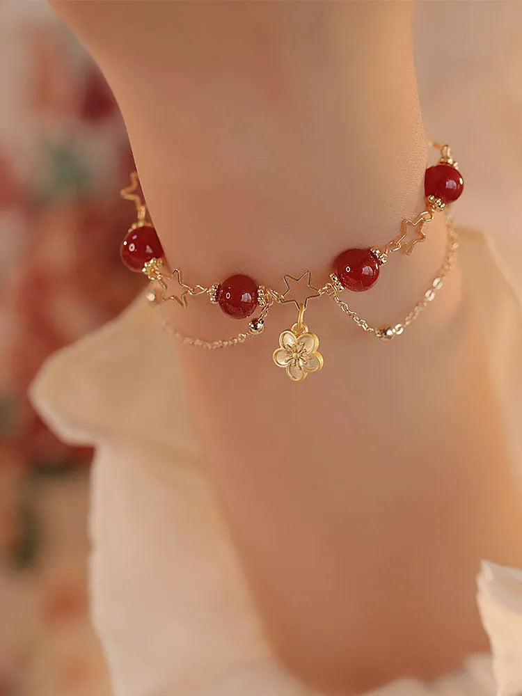 Red agate double layer bracelet with peach blossom flower design and manual craftsmanship