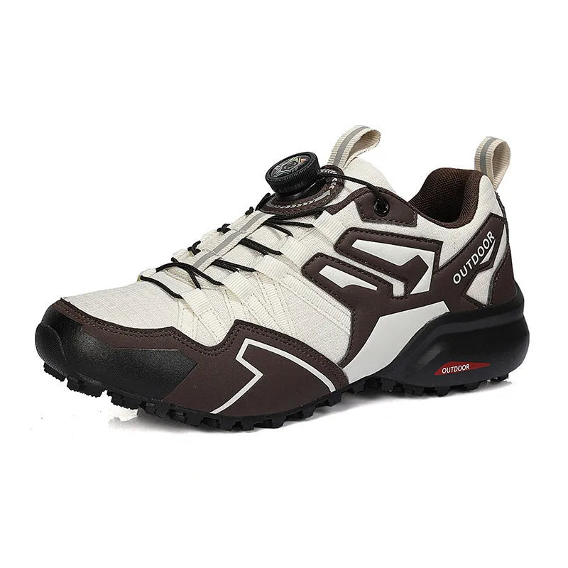 Men's lightweight beige hiking shoes with elastic band closure and rubber sole for off-road use.