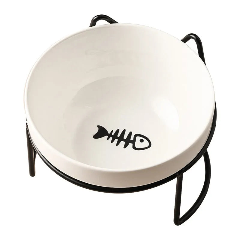 Ceramic cat bowl in an iron frame, showing cat paw print and fishbone pattern options