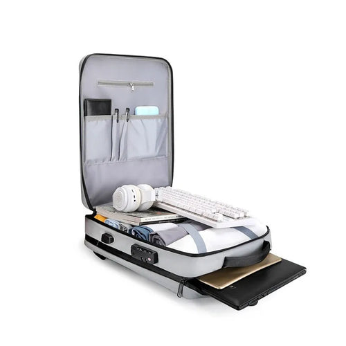 Black and silver white men's business backpack made of ABS PC and Oxford cloth, shown in 15 inch and 17 inch sizes.