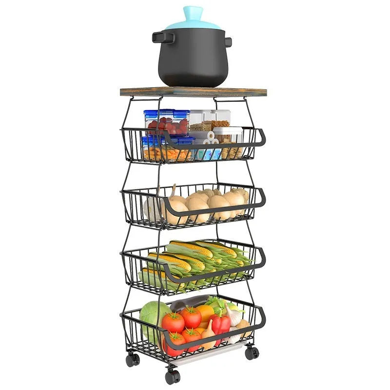 Black six-layer foldable kitchen storage rack with carbon steel frame on floor.