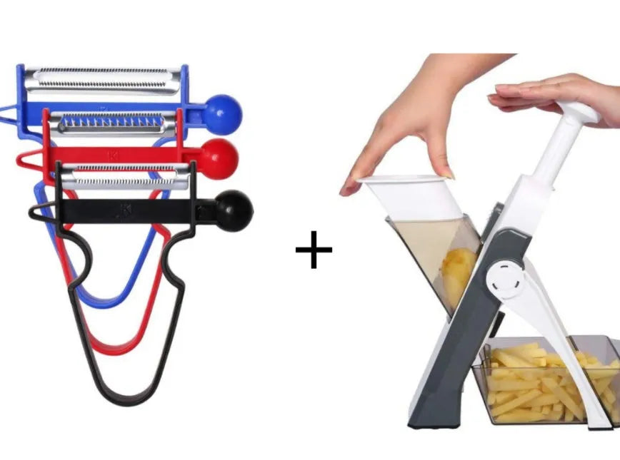 White and blue multifunctional vegetable slicer with stainless steel blades on a kitchen counter.