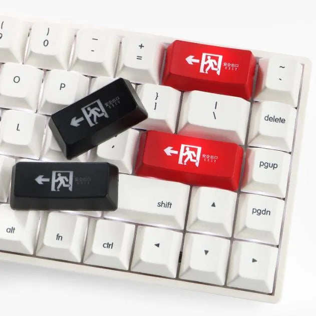 Transparent mechanical keyboard key cap with red evacuation exit symbol for backspace function