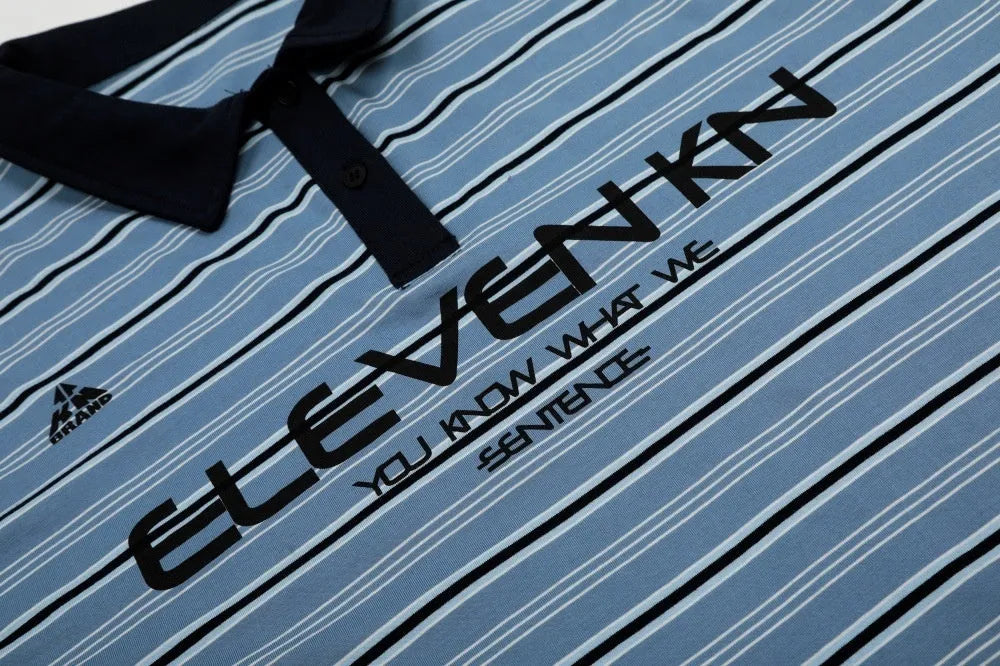 Man's blue striped cotton polo shirt with short sleeves and a loose, casual fit.