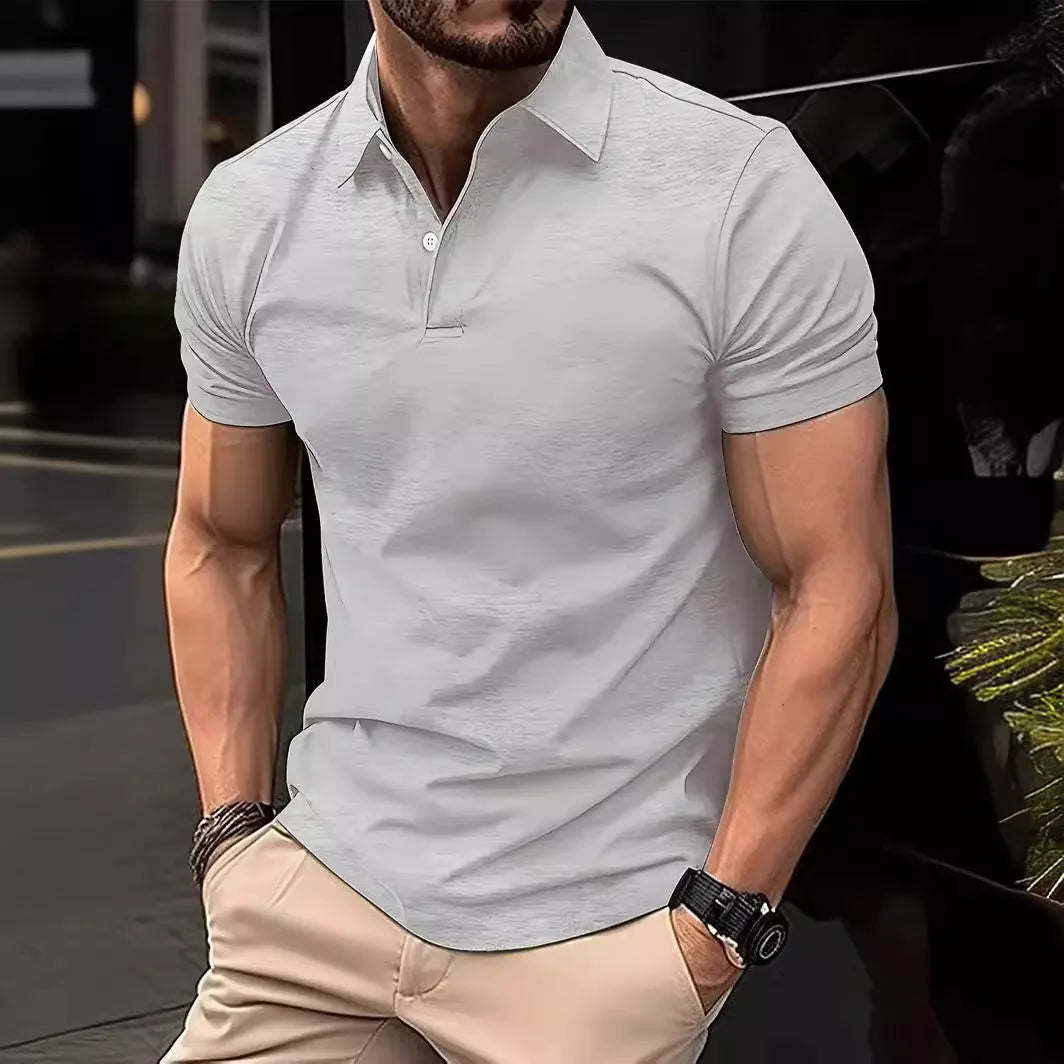 Men's slim fit solid colour short sleeve button-up shirt on a hanger.