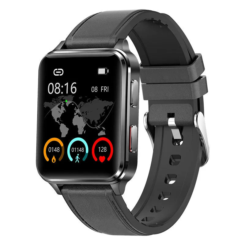Air Type multi-sport smartwatch with 1.70-inch tempered glass screen and silicone wristband in blue, black, red, or leather options