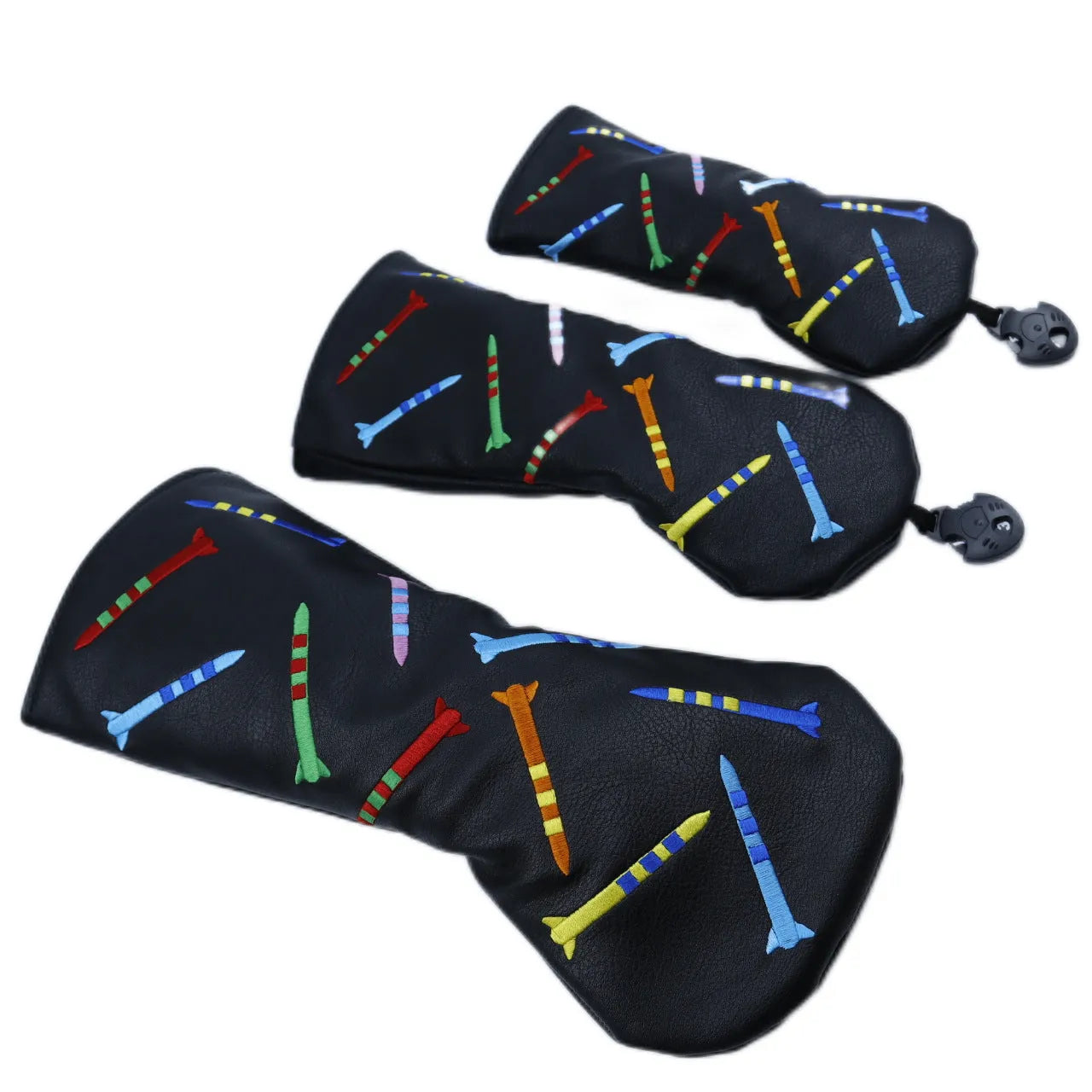 Wooden golf putting trainer set with three guide poles on a PU surface, shown in black and white colour options.