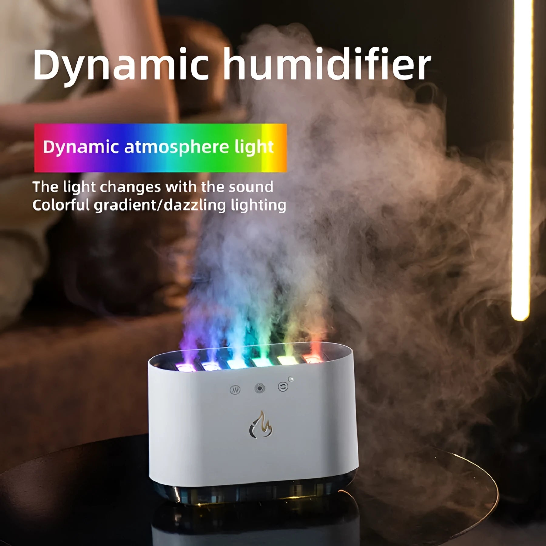 White cylindrical humidifier with colourful LED base and mist rising from the top.
