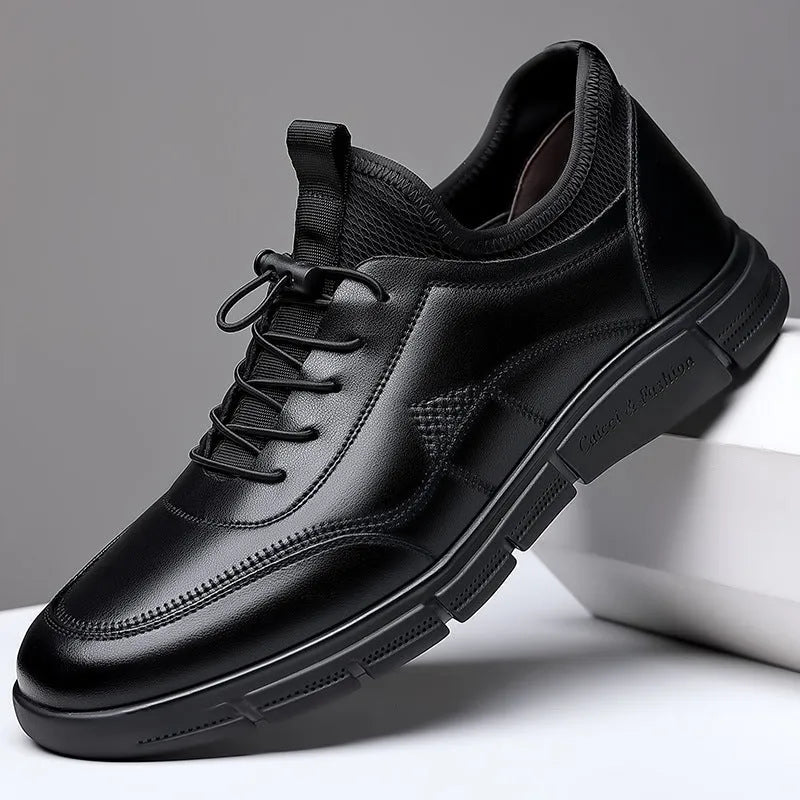 Men's black leather casual shoes with waterproof features and leather stitching details