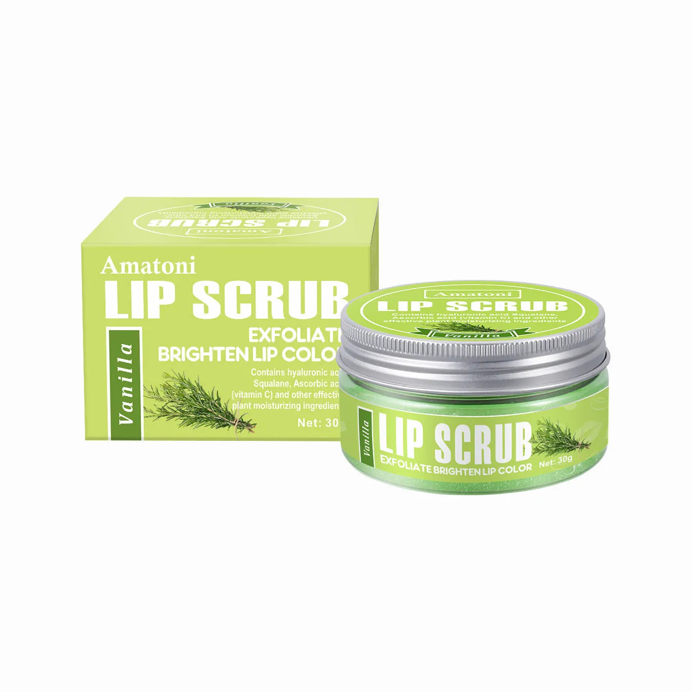 Amatoni fruit flavour lip scrub cream jar in choice of Coconut, Raspberry, Vanilla, or Watermelon, 30g.
