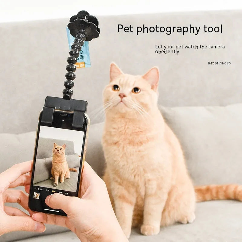 Black plastic pet photography phone holder with clip for dog or cat treats