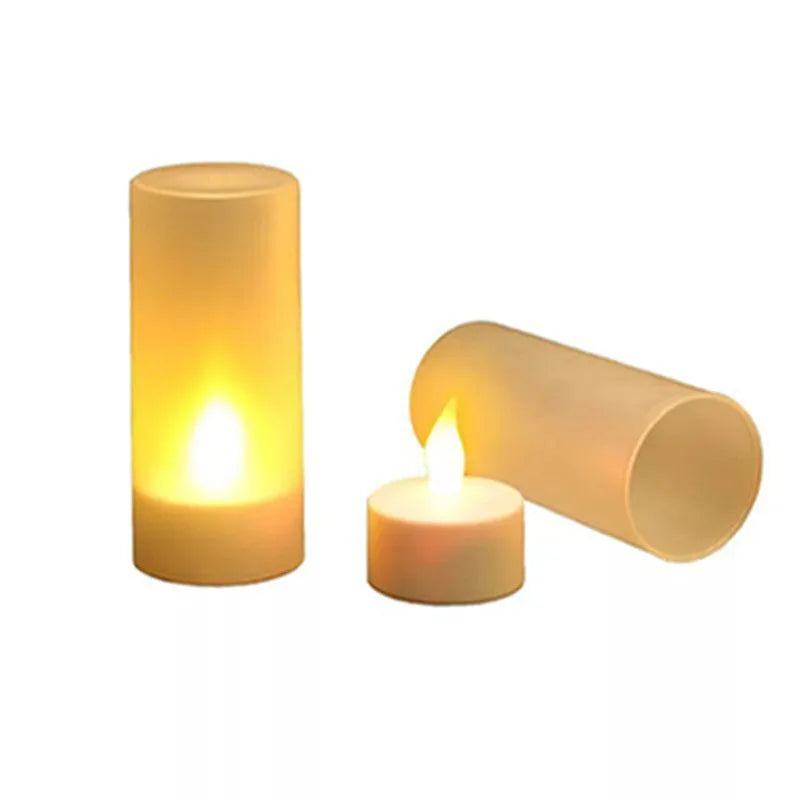 White plastic USB rechargeable LED candle lamp showing yellow glowing flame.
