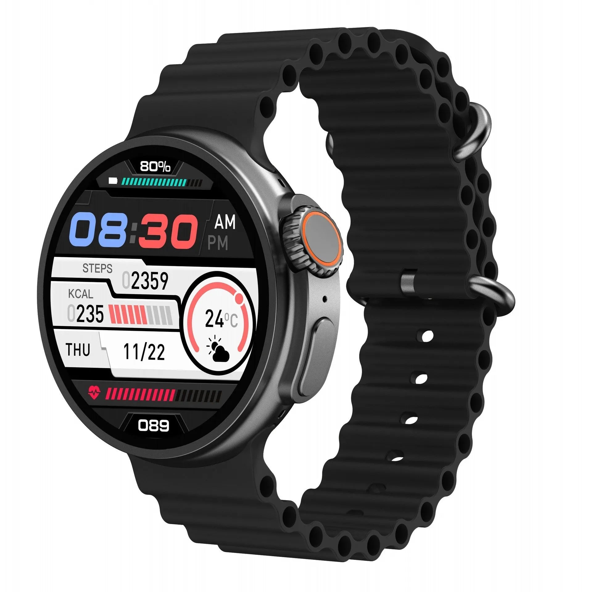 K9 smart watch with circular screen showing health metrics and payment functions on silicone strap