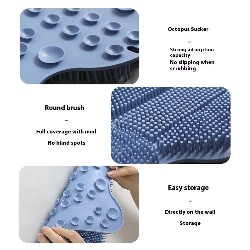 Silicone bath brush massage mat measuring 31cm by 32cm in blue, grey, and pink colour options