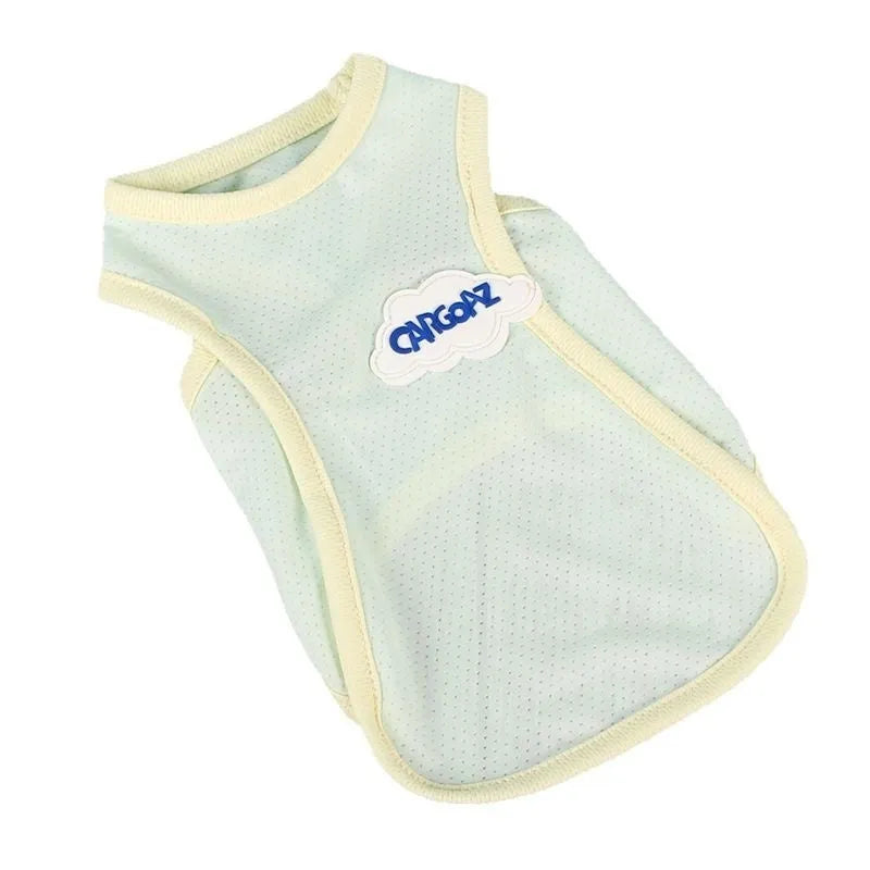 Grass green polyester vest for a cat on a white background, showing a sports-style fit.