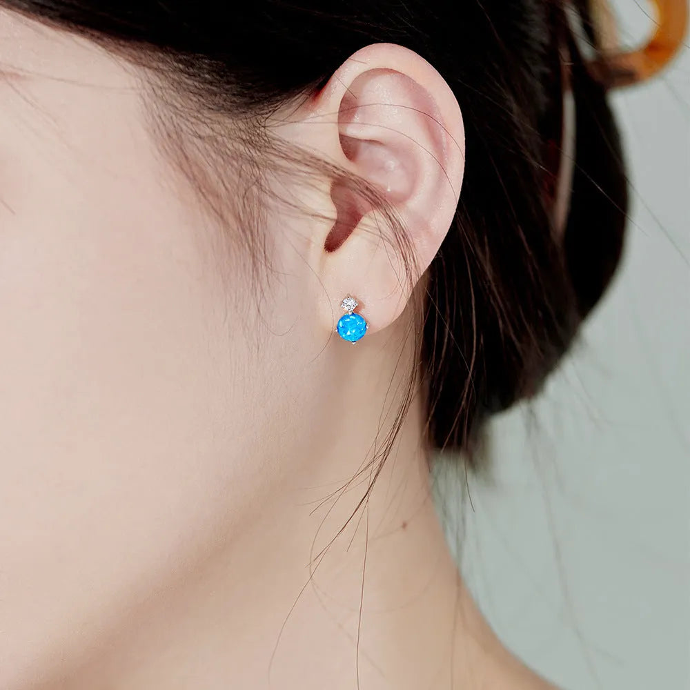 S925 sterling silver blue geometric round earrings for women, electroplated minority style, 1 pair