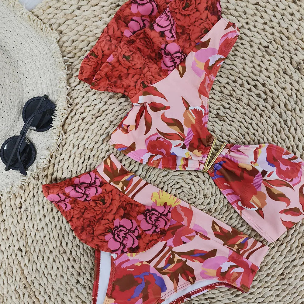 Pink floral print one-shoulder ruffled bikini with high-waist briefs