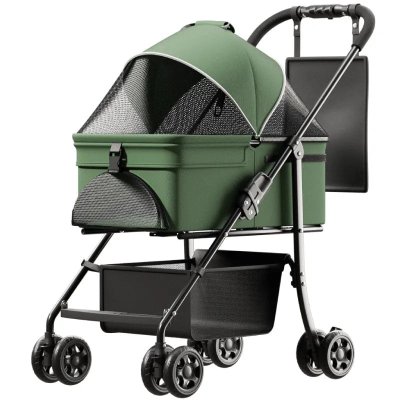 Black metal folding pet cart with removable design shown in folded and unfolded positions