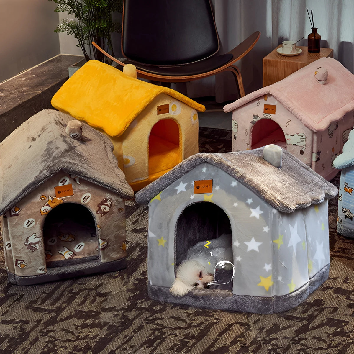 Foldable pet bed with plush fur, enclosed cave shape, removable nest, and durable bottom, in grey star or navy blue carrot.