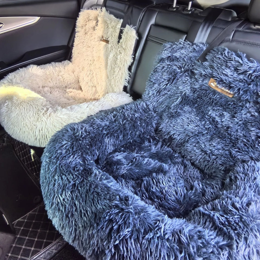 Winter-thickened cloth pet mat for car seats in beige and dark grey colours.