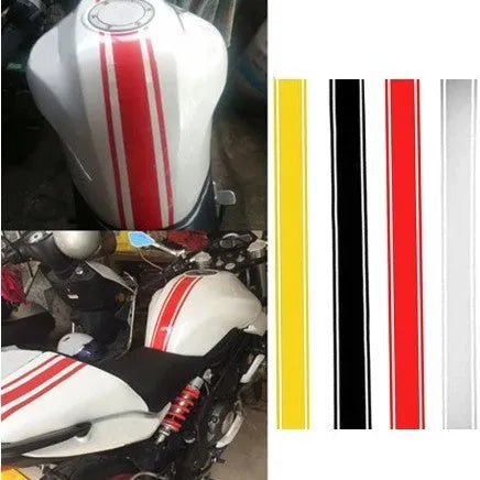 Motorcycle gas tank sticker with pinstripes in black, red, silver, or yellow colours