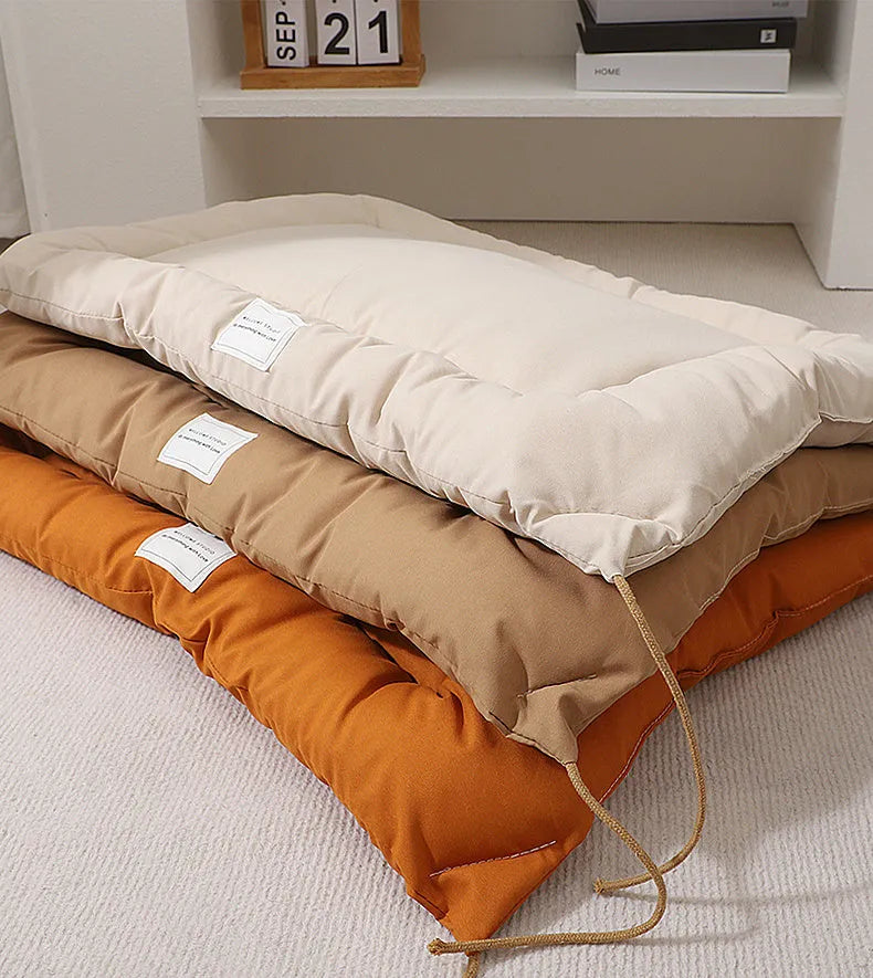 Tied dog cage cushion in beige colour showing platform design and attachment ties for metal pet cages