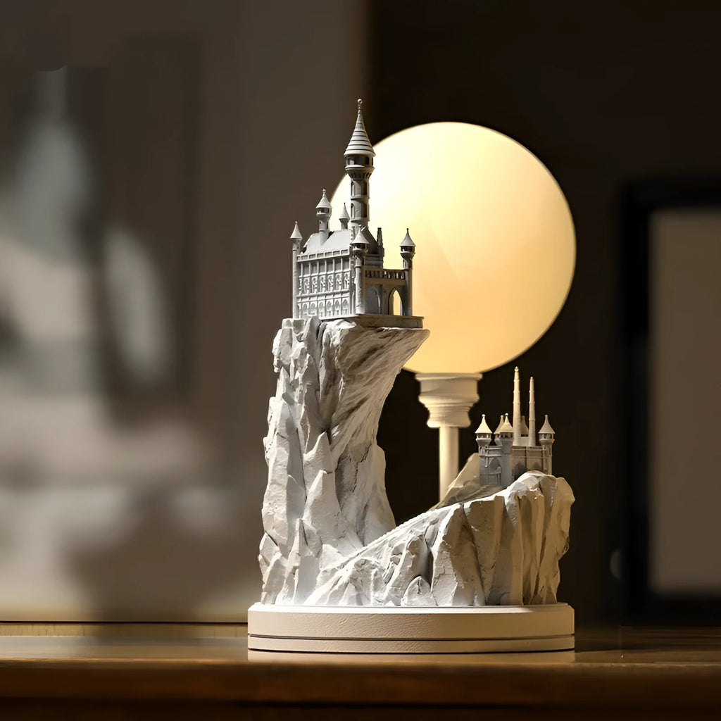 White composite gypsum desk lamp with wire control switch on plain background