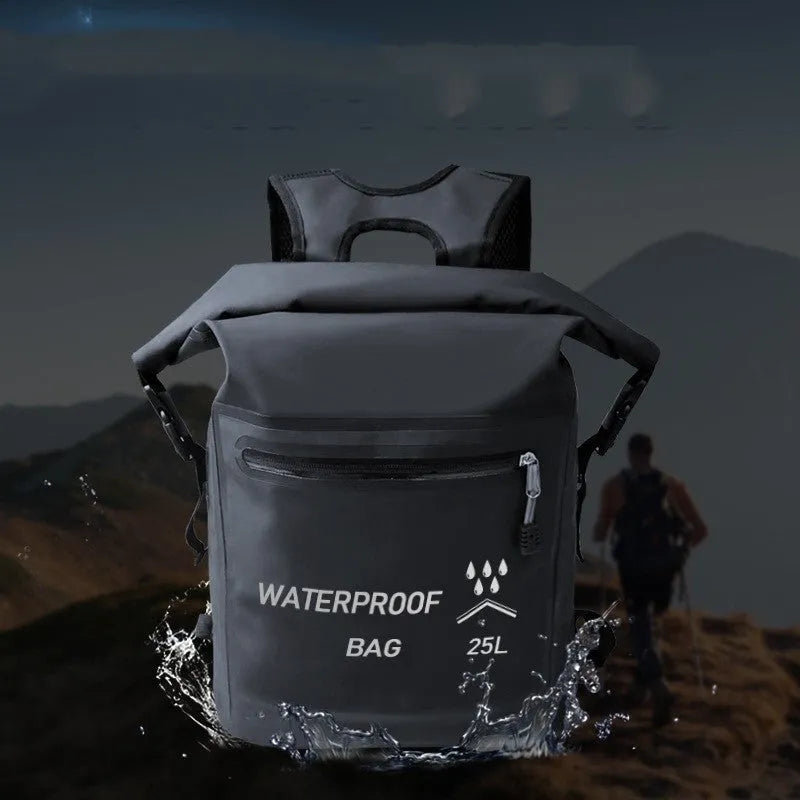 Black 25-litre waterproof outdoor backpack with a mesh clip for water sports.